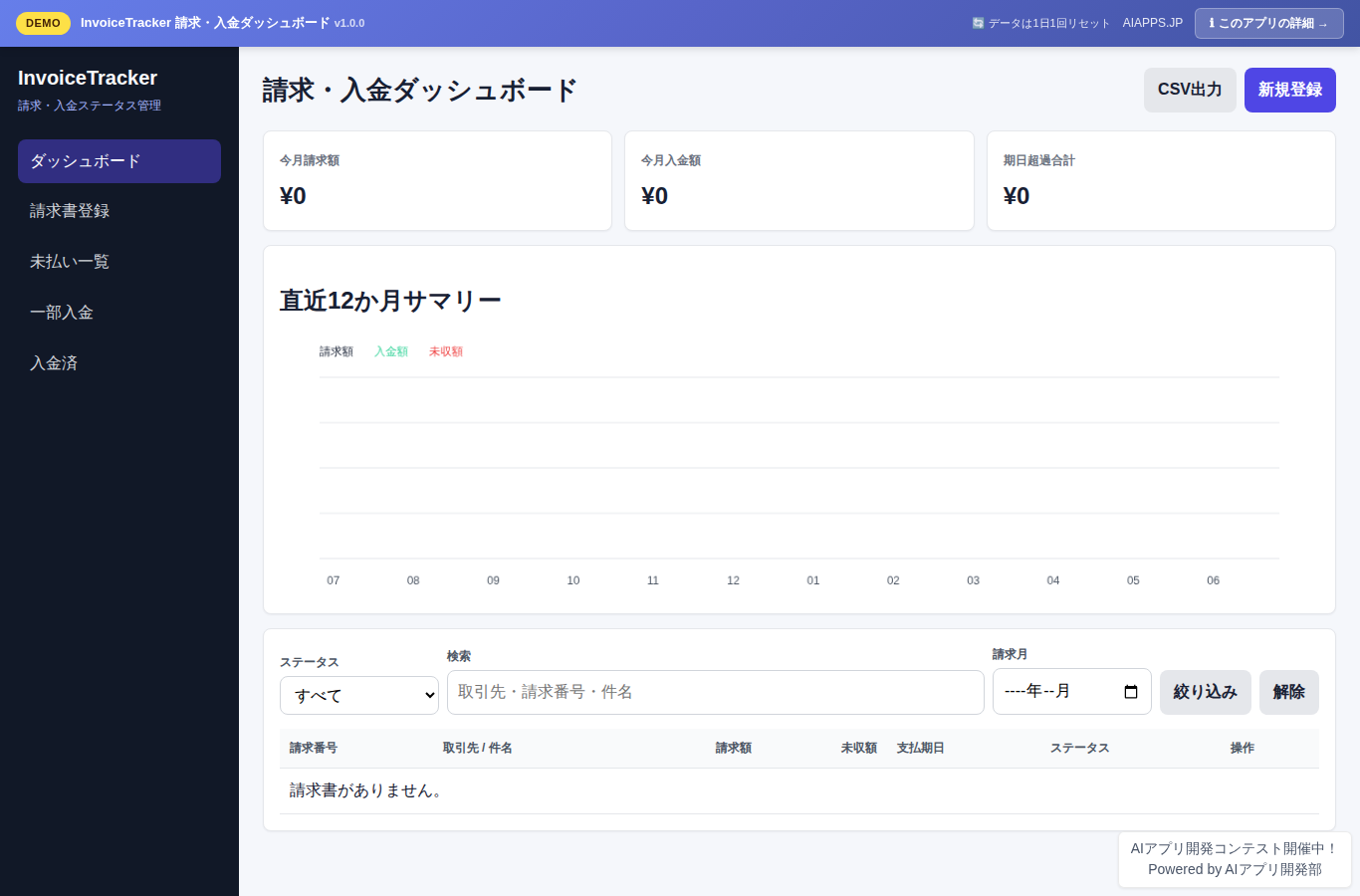 InvoiceTracker 請求・入金ダッシュボード のスクリーンショット