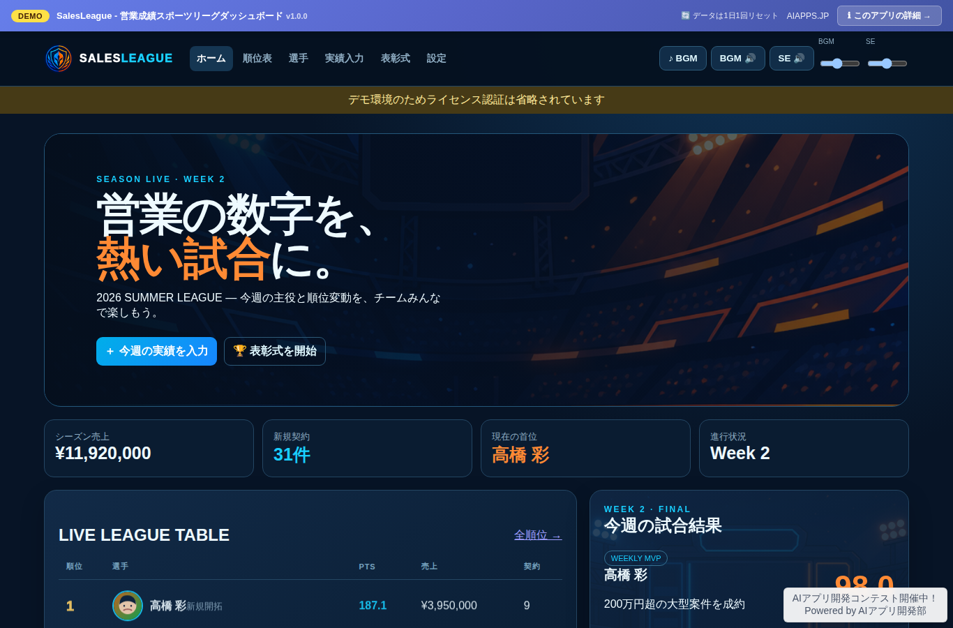 SalesLeague - 営業成績スポーツリーグダッシュボード のスクリーンショット
