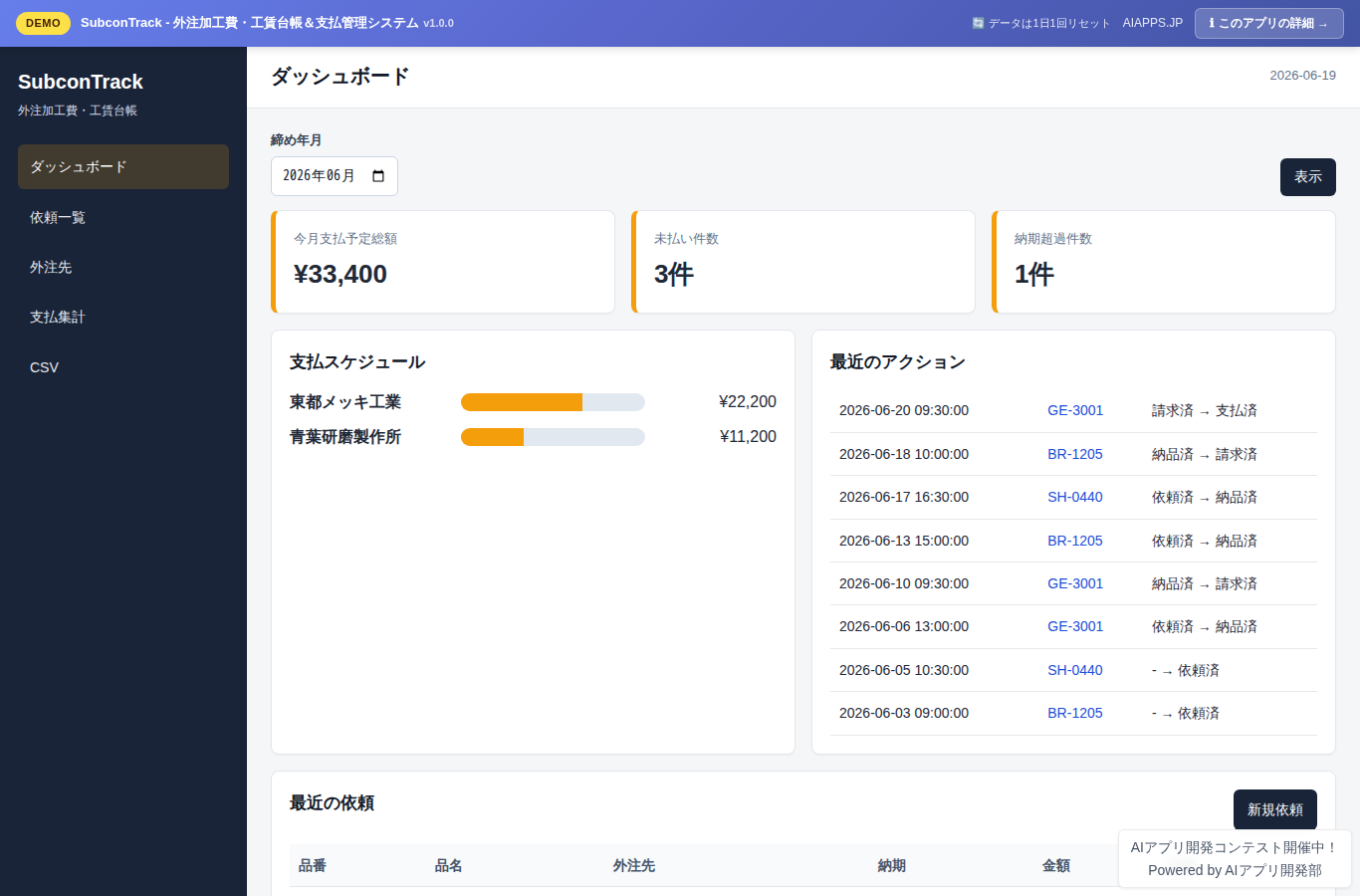 SubconTrack - 外注加工費・工賃台帳＆支払管理システム のスクリーンショット